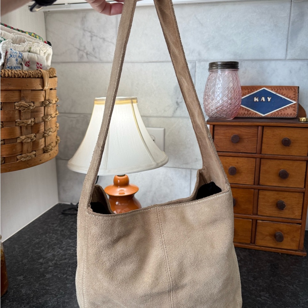 Old Navy Tan Suede Bucket Bag | Y2K Hobo Shoulder Tote